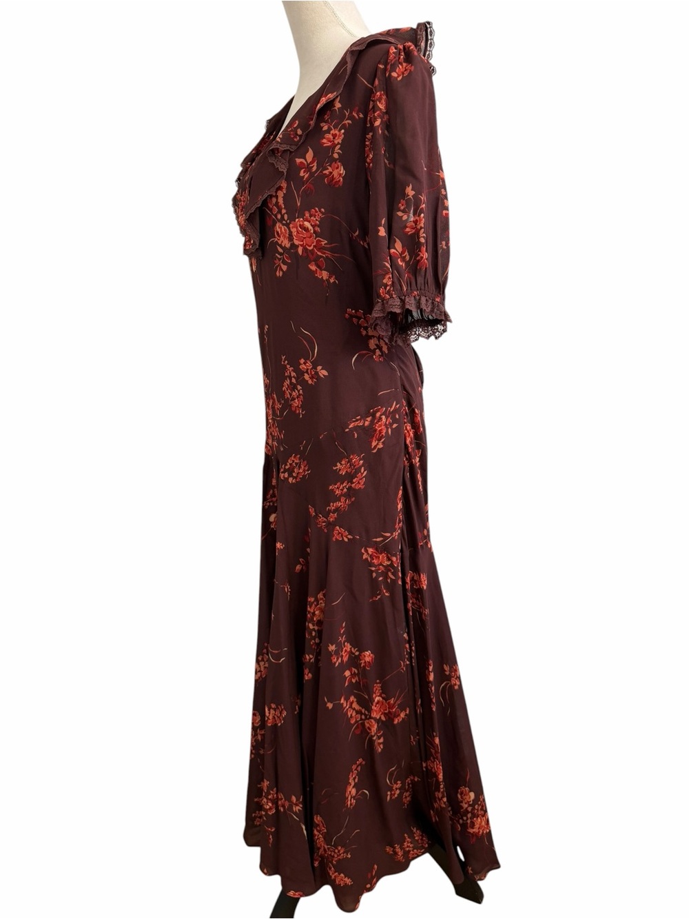 Reformation Evra Lace Georgette Burgundy Maxi Dress with Rust Floral Print - Picture 10 of 13